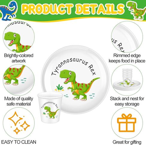 4 Sets Dinosaur Fun Kids Plates with Cups Plates Dinnerware Set for Toddlers Creatively Drop Resistant Cute Plastic Dishes Dishwasher Safe in Saudi Arabia