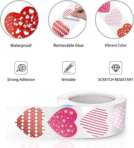 Heart Stickers Colorful 1 Inch Valentine's Day Love Shape Labels Roll Waterproof Removable for Craft Envelopes Box Gift Party Cards 500 PCS in Saudi Arabia