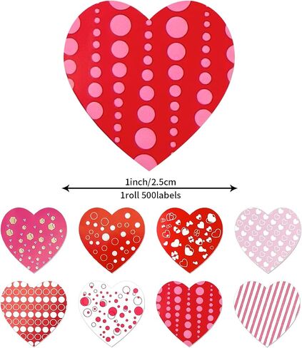 Heart Stickers Colorful 1 Inch Valentine's Day Love Shape Labels Roll Waterproof Removable for Craft Envelopes Box Gift Party Cards 500 PCS in Saudi Arabia