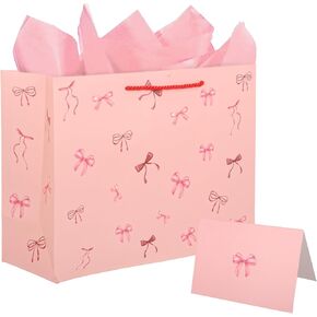 Pandecor 13" Large Birthday Pink Bow Paper Gift Bag with Card and Tissue Paper for Friends Birthday,Wedding Bridal Baby Shower Anniversaries