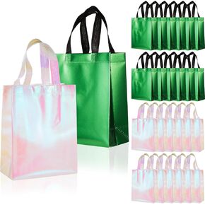 Honeydak 24 Pcs Pink and Green Party Decorations Witch and Princes Birthday Party for Women Shiny Green and Pink Gift Bags Bulk Treated Candy Goodie Non Woven Reusable Gift Bag with Handles 8Wx4Dx10H