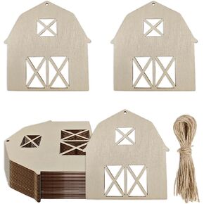20pcs Wooden Barn Shaped DIY Craft Cutouts Barn Farm Unfinished Wood Tags with Ropes Ornaments for Wedding Home Christmas Party Decoration