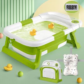 Collapsible Baby Bathtub for Newborn to Toddler, Portable Foldable Baby Bathtub with Soft Cushion and Water Thermometer,No-Slip Hanging Travel Baby Bathtub for Infants 0-36 Months,SalviaBlue