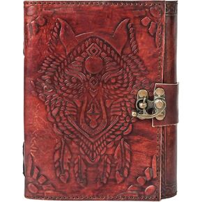 Vintage Aesthestic Wolf Embossed Leather Journal - Antique Deckle Edge Paper With Vintage Clasp Lock Aesthetic Daily Diary Grimoire Decor Witchcraft Supplies Gift For Men & Women