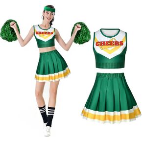AOMIG Cheerleader Costumes - Cheerleader Uniform Sleeveless Top and Short Skirts with Pom Poms and Headband, Musical Birthday Party Costumes Cheerleader Suit(L,Green)