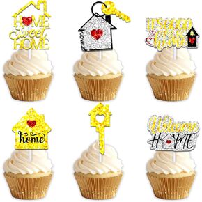 18pcs Gold Glitter Welcome Home Dessert Cupcake Pick for Home Sweet Theme Decor Supplies Men Women Happy Birthday Housewarming Party Decorations