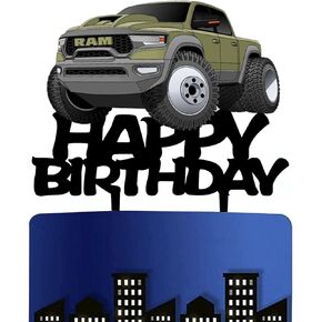 Pickup Truck Cake Topper Transportation Theme Birthday Supplies, Acrylic Pickup Truck Happy Birthday Cake Topper for Boy's Men' Birthday Party Decorations（ArmyGreen Pickup Truck）