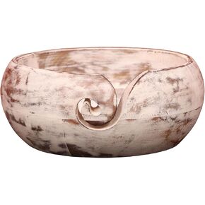 IK Decors Mango Wood Wood Wood Handmade With With Craved Hole Hove Anti Slip Design Wool Storage Crocheting Bowl (White)