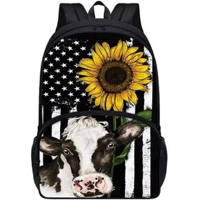 PZZ BEACH Cow Sunflower Flag Backpack for Boys Girls Elementary High School Bookbag for Students Teens Back Pack Ease Pressure School Bag Lightweight Daypack forTravel