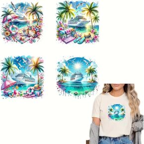 4pcs النخيل الشاطئية الاستوائية جوز الهند شجرة النورس الحديد على التحويلات للقمصان التي تفرك على ملصقات نقل الفينيل جاهزة للضغط على ملصقات الحديد على شارات للقرصات ثياب ثيدي.
