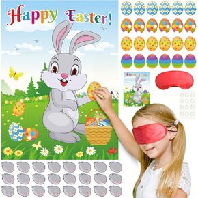 FEPITO Easter Game for Kids, Pin The Tail on The Bunny, Pin The Egg on The Bunny with 24 Tails, 24 Easter Eggs Stickers for Easter Party Decorations, Easter Egg Hunt Activities