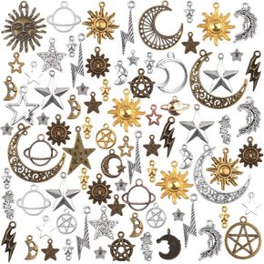 Celestial Charms,100 Gram(About 80-90 Pieces) Mixed Sun Moon Star Charms Antique Alloy Pendants for Jewelry Making and Crafting