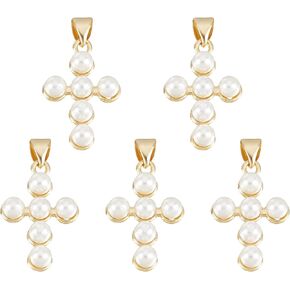 NBEADS 5 Pcs Cross Shell Pearl Pendants, Natural Shell Pearl Charms with Brass Findings Real 18K Gold Plated for DIY Necklace Bracelet Jewelry Makings