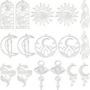 SUNNYCLUE 1 Box 16Pcs Tarot Style Sun Charms Large Stainless Steel Moon Phase Star Charm Halloween Hand Snake Mushroom Charms Eye Hollow Flat Round Charms for Jewelry Making Charm Earrings DIY Crafts