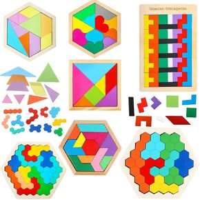 7 حزمة Tangrams خشبية مجموعة ألغاز مجموعة خشبية مسدس الألغاز الخشب الكتل الروسية الكتل الهندسية الدماغ دعابة للأطفال البالغين 3D الذكاء الذكاء الهدية IQ هدية