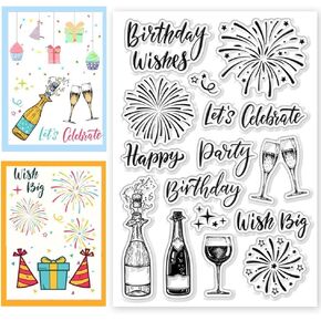 CHGCRAFT Fireworks Clear Stamps Wine Champagne Bottle Clear Stamps Happy Birthday Words Background Silicone Transparent Seal Stamps for DIY Scrapbooking Album Decorative 6.3 x 4.3 Inch