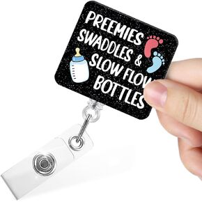 Preemies Swaddles & Slow Flow Funny Retractable Badge Reel with Alligator Clip, Glitter Badge Holder for L&D Neonatal Nurse NICU Pediatrics, Labor and Delivery Gift for Midwife, OBGYN Gift