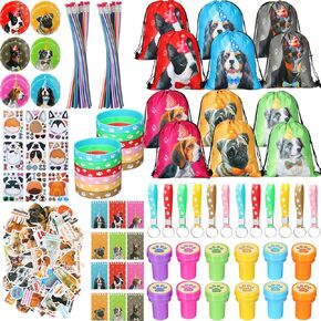 cholemy 156 PCS Dog theme Party Supplies for Kids - قم بتضمين سوار السيليكون ، وملصقات الكلاب ، وحقيبة Goody ، وسلاسل المفاتيح ، والشارة ، والدفاتر ، والطابع ، وأقلام الرصاص للفتيان والبنات Puppy Party Favors