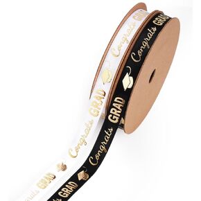 Laribbons Graduation Ribbon Class of 2025 ، 2 Rolls 3/8 Inch × 20 ياردة TTL ، GRAD GRAD GRAD RIBBON من الذهب الأسود والأبيض ، تهنئة التغليف الهدايا.