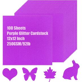 100 Sheets Purple Glitter Cardstock 12x12 Inch Purple Construction Paper 12x12 Shimmer Sparkly Paper for Craft Glitter Papers for Scrapbook, DIY Art Project, Wedding, Party(250GSM/92lb)