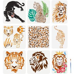 FINGERINSPIRE 9 PCS Lion Tiger Painting Stencil 2 Size Reusable Animal Head Leopard Template with Paint Brush Large Leaf Flower Stencil Paw Print Template Leopard Print Stencil Animal Theme Template