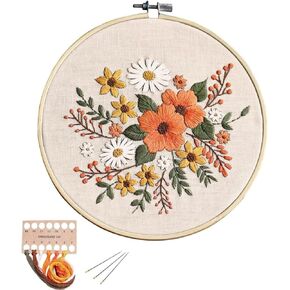 Full Range of Embroidery Starter Kit with Pattern DIY Beginner Starter Stitch Kit Including Stamped Cloth with Pattern, Bamboo Embroidery Hoop, Color Threads, Needles - Flowers White Orange