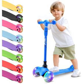 Hurtle Mini Kickboard Scooter for Kids - Height Adjustable 25''-28'', Lightweight 3-Wheel with LED Light-up Wheels, Anti-Slip, Indoor/Outdoor Fun, for Ages 2-5 (Blue)