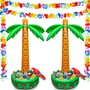 Deekin 4 PCs ، تبرد شجرة النخيل القابلة للنفخ لأشجار النخيل جامبو قابلة للنفخ في Hawaiian Luau Decorts تشمل مجموعتين 68 بوصة عائمة وزهور هاواي إكليل لحفلة البلياردو على الشاطئ