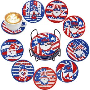 8pcs Patriotic Diamond Painting Coasters with Holder, USA 4th of July Diamond Art Kits for Adults Full Round Drill Shiny Beads Cup Coaster Americ Diamonds Art Craft Supplies