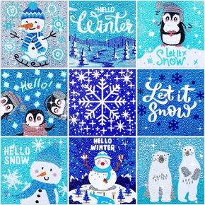 Charniol 9 Pcs Winter 5D Diamond Painting Kits 5D Drill Round Crystal Rhinestone Handmade Creative Art Crafts Snowman Snowflake for Home Wall Decor and Adults Kids DIY (Snowman, Snowflake)