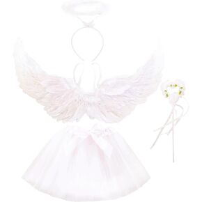 Girls Angel Costume Set Fairy Feather Wing Tutu Skirt with Halo Wand Tutus Dress Up Outfit for Cosplay Party Favor