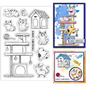 GLOBLELAND Cat and Cat Tree Clear Stamps for Card Making Happy Birthday Sentiment Stamps Animal Silicone Transparent Stamp for Scrapbooking DIY Embossing Journaling