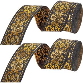 Gorgecraft 15 ياردة × 1.3 بوصة Jacquard Ribbon Metallic Gold Ethnic Servidered Satin Satin Roll Double Side Boho Fabric Floral Floral Wbling Rapping Trim for Diy Home Curtain Decor