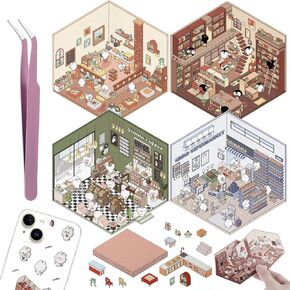 Set of 4 3D House Stickers Cute Scene Stickers for Adult Reusable Relief Stress Pass, Make Your Own 3D House Scenes DIY Kawaii Sticker Including Coffee Shop Bookstore Supermarket Restaurant