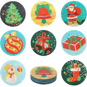 lasuroa 8pcs Christmas Coasters, with Cork Mats Colorful Rhinestones 5D Diamond Art Coasters DIY Diamond Christmas Coasters Set for Drinks Adults Beginners Craft