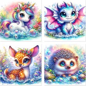 ijbnhd 4 Pack Animals Diamond Art Kits for Adults, Cute Animals Diamond Painting Kits for Adults, Full Drill Round Diamond Painting Gem Art Home Wall Decor 12 x 12 Inch