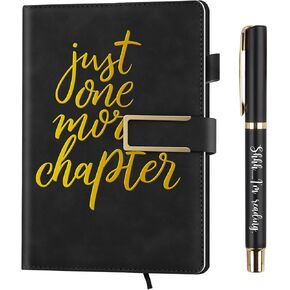 Jetec 2 Pcs Book Lovers Gift Just One More Chapter A5 Leather Journal Inspirational Notebook Ballpoint Pen Book Club Gift for Women Teacher Student Employee Reader Librarian(Black)