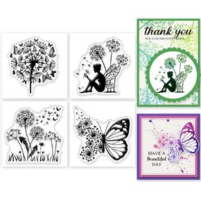 Globleland 4pcs Mini Dandelion Butterfly Fairy Clear Stamps for DIY Scrapbooking Silicone Stamp Seals Stamps Transparent for Cards Morn