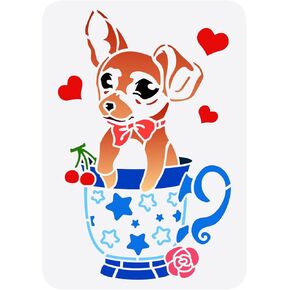 FINGERINSPIRE Teacup Dog Stencil 11.7x8.3 inch Puppy Dog Stencil Plastic Teacup Rose Stars Heart Cherry Pattern Template Reusable DIY Art and Craft Stencils for Wood Art Painting Walls and Crafts