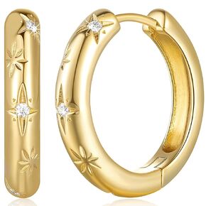 14K Gold Hoop Earrings Small Thick Gold Hoop Earrings 14K Gold Huggie Earrings Diamond Hoop Earrings Star & Flower Design 24MM*4.5mm