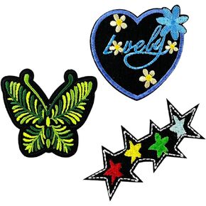 Minason 3Pcs Assorted Floral Butterfly Heart Stars Sew on/Iron on Embroidered Patch Decorative Accessories for Clothes Bags Hats Jeans Dress Backpacks