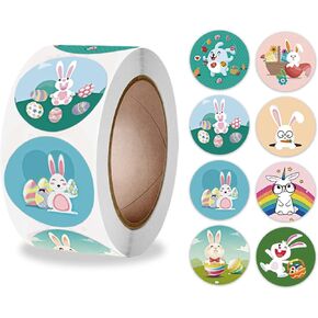 500 PCS Cute Easter Bunny Stickers - Diameter 1.5'' Large, 1 Roll of 8 Colors | Waterproof Self-Adhesive Rabbit Pattern Stickers for Holiday Party Cards Boxes Seal Envelopes