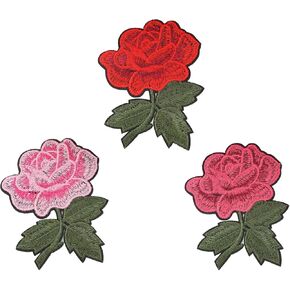 3 Pcs Red/Pink/Deep Pink Rose Flower Sew on or Iron on Embroidered Patches for Backpacks Clothes Jeans Holes Jacket Hat