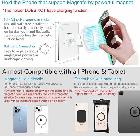 OCEANLOVE for MagSafe Wall Mount Magnetic Phone Holder, Self-Adhesive, Rotatable Ball, Waterproof, Compatible with iPhone 16/15/14/13/12 and All Phones, Shower Mirror Car Gym Bathroom Kitchen (Black) in Kuwait
