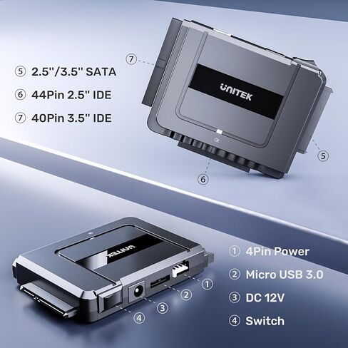 Unitek USB 3.0 to IDE and SATA Converter External Hard Drive Adapter Kit for Universal 2.5/3.5 HDD/SSD Hard Drive Disk, One Touch Backup Function, Included 12V/2A Power Adapter in Kuwait