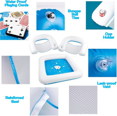 Zento Table for Pool Inflatable Game Station Set with Waterproof Playing Cards Poker Game Deck and Chairs - Card Table with Inflatable Seats for Fun in The Water by The Beach Pool in Kuwait
