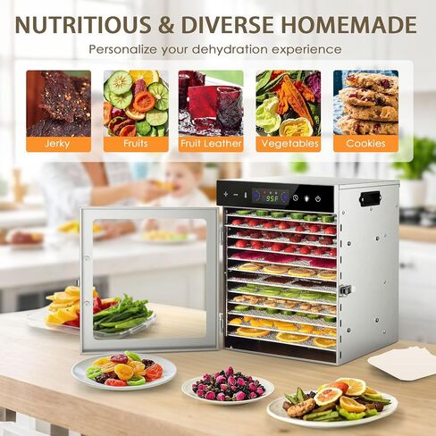HOPERAN Food Dehydrator, 12 Stainless Steel Trays Dehydrators for Food and Jerky, Herbs, Fruit, Dehydrator Machine with Digital Timer and Temperature Control, Overheat Protection, Recipe Book Included in Kuwait