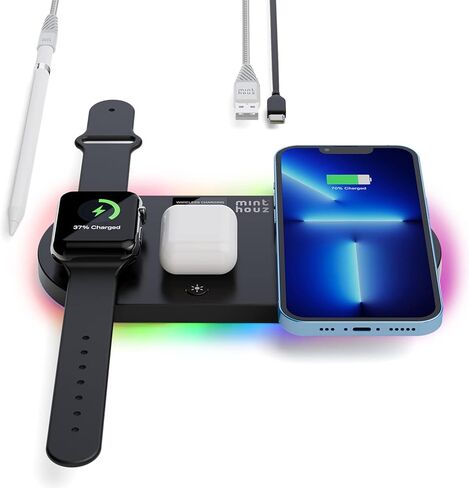 4 in 1 Wireless Charger Pad, 15W Wireless Charging Station without adapter for iPhone 14/13/12/11/X/8 Series, Wireless Charging Pad Compatible with Apple Watch (Only), AirPods 3 (with 1 USB C-A Cable) in Saudi Arabia