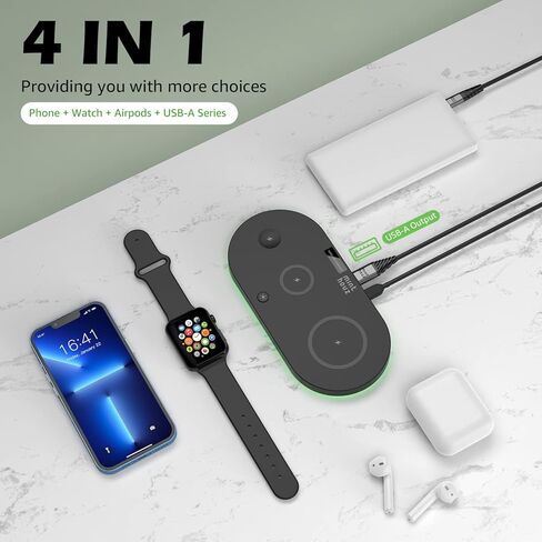4 in 1 Wireless Charger Pad, 15W Wireless Charging Station without adapter for iPhone 14/13/12/11/X/8 Series, Wireless Charging Pad Compatible with Apple Watch (Only), AirPods 3 (with 1 USB C-A Cable) in Saudi Arabia