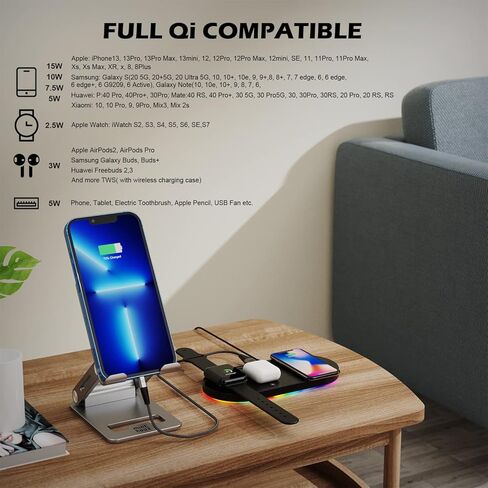4 in 1 Wireless Charger Pad, 15W Wireless Charging Station without adapter for iPhone 14/13/12/11/X/8 Series, Wireless Charging Pad Compatible with Apple Watch (Only), AirPods 3 (with 1 USB C-A Cable) in Saudi Arabia
